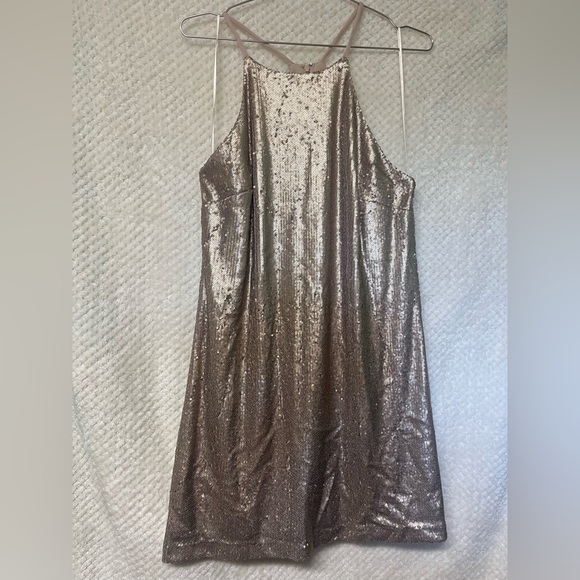 Halston Heritage Dresses & Skirts - Halston Heritage Gold Sequin Mini Dress Halter Top Sleeveless Sz 12